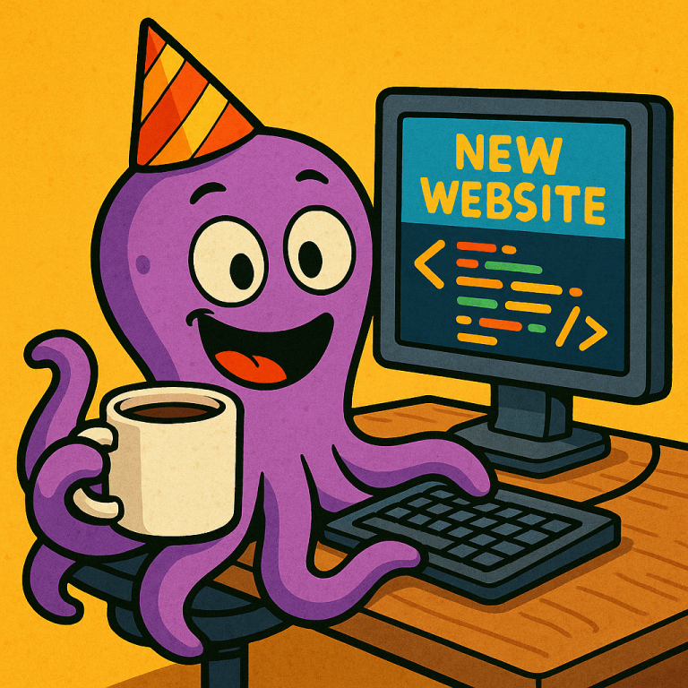 Work in Progress Die Partykrake sitzt mit Ihrem Partyhut auf dem Kopf vor einem Computer, hält eine Tasse Kaffee und programmiert fröhlich die neue Website.